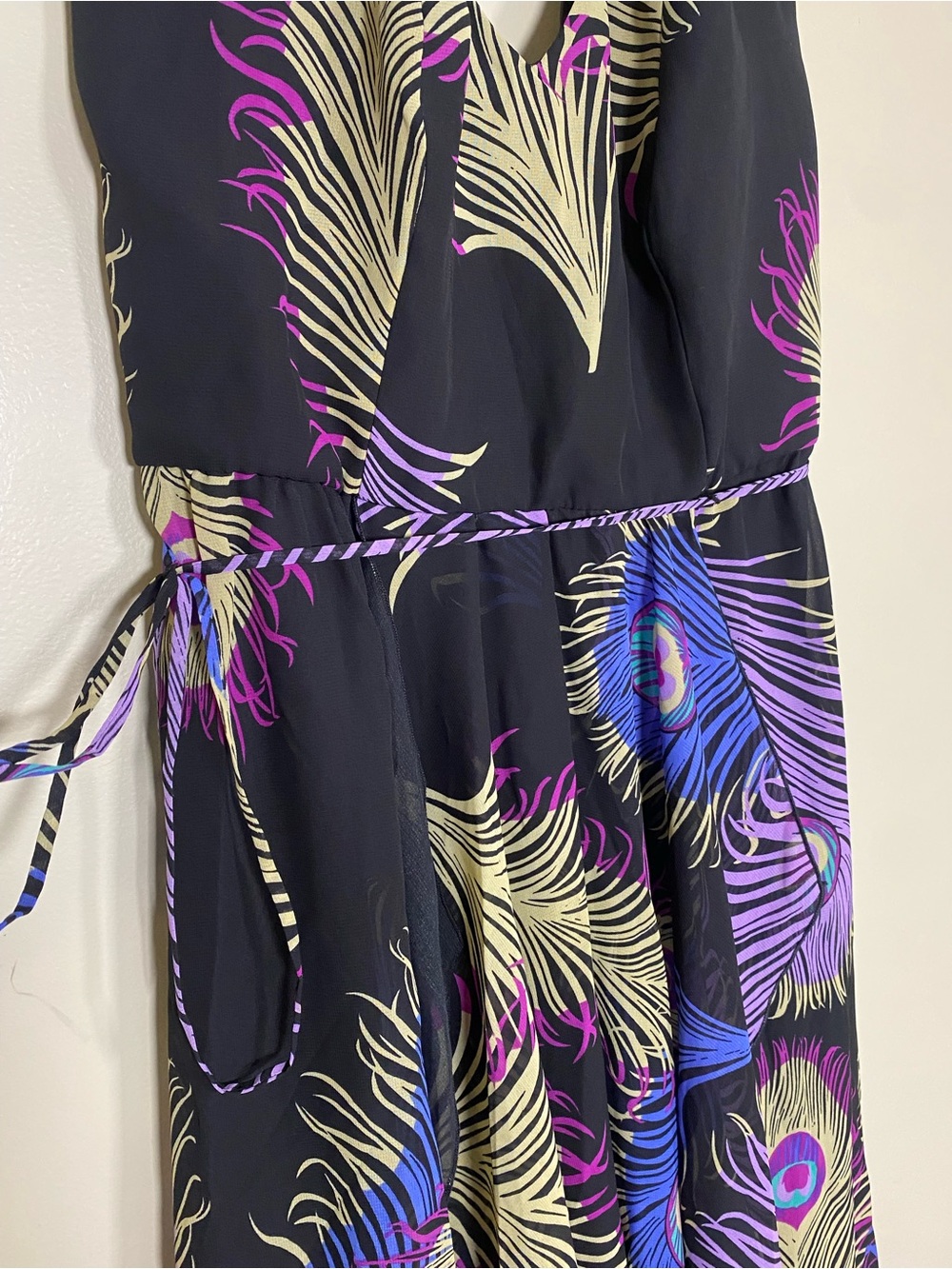 Boston Proper Peacock Halter Maxi Dress High Low Flowy Chiffon V Neck Size 8 - Picture 5 of 16